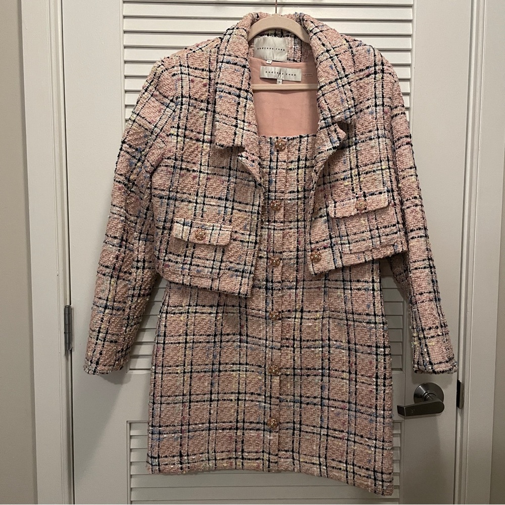 Chic Endless Rose Pink Plaid Women's Jacket & Dress Set